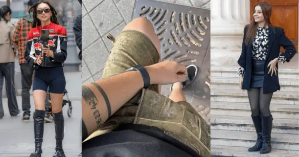 A man and two girls shows a wearing a Leather Shorts