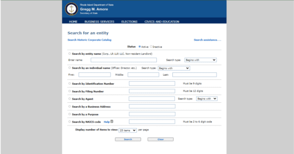 This image shows a form of Rhode Island Secretary of State Business